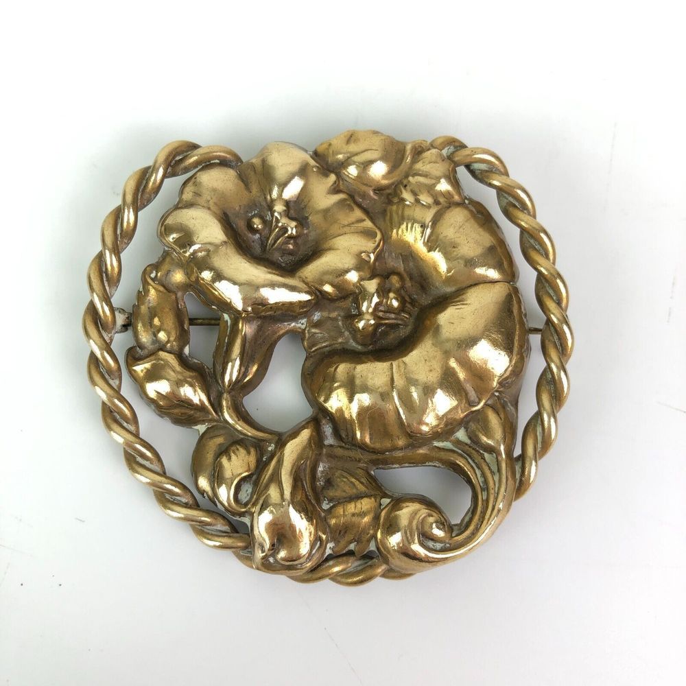 Large Antique Art Nouveau Repousse Floral Trumpet Flower Brooch